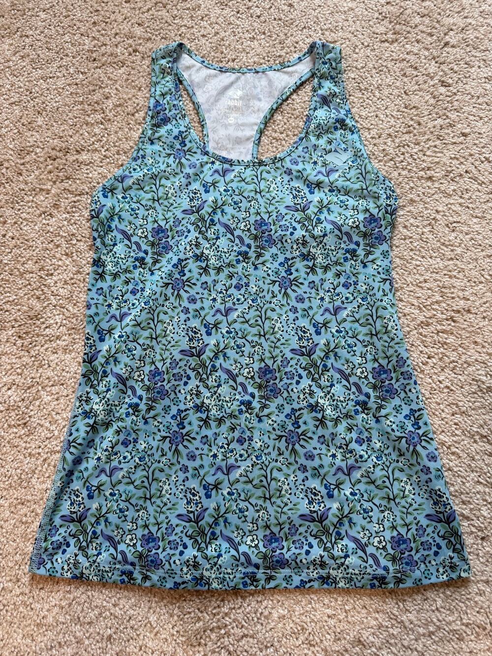 Rabbit Mother Runner Blue Floral Racerback Running Tank Women’s Medium